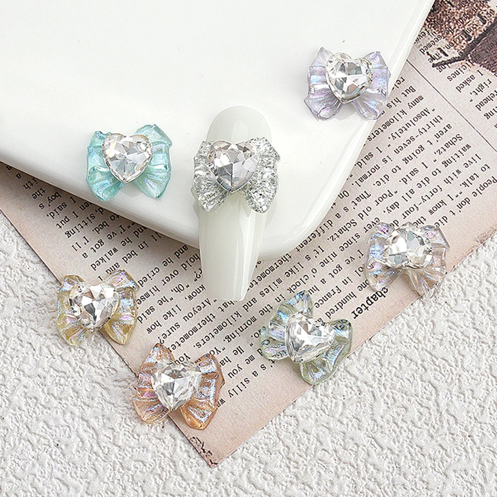 

10pcs Shiny Bowknot Nail Art Charms 3D Glitter White Heart Crystal Glass Nail Rhinestones Design DIY Bowtie Nail Accessories