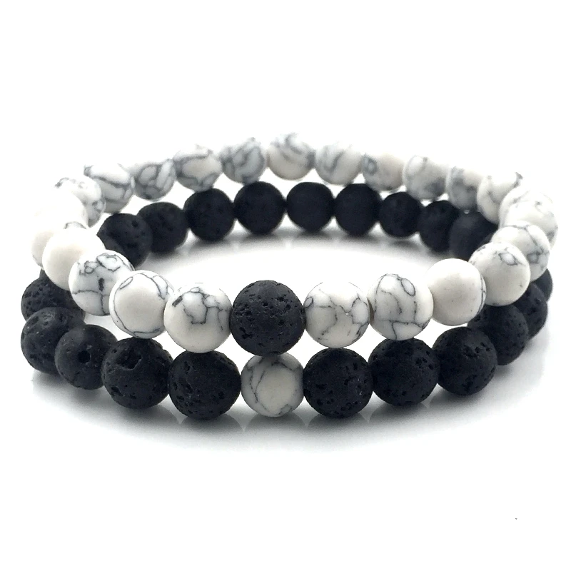 Браслеты с белыми камнями Howlite и вулканическими искусственными камнями для женщин и мужчин, подарок C006, 2 шт./компл. 8 мм