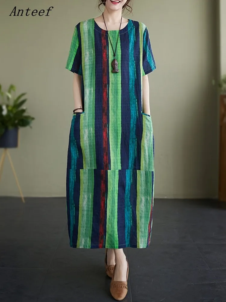

Женское винтажное платье в полоску с коротким рукавом, повседневное Свободное длинное летнее платье, элегантная одежда 2023