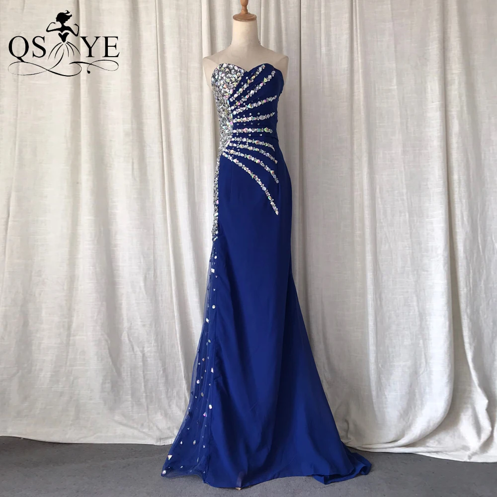

Full Crystal Royal Blue Prom Dresses Bead Chiffon Mermaid Evening Gown Off Shoulder Side Zipper Party Princess Girl Formal Gown