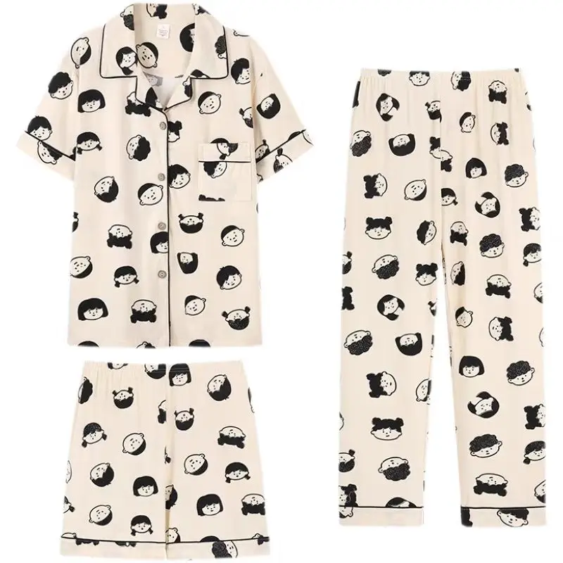 Pajamas women summer short-sleeved pants three-piece suit the spring and autumn period and the outer wear a household to take