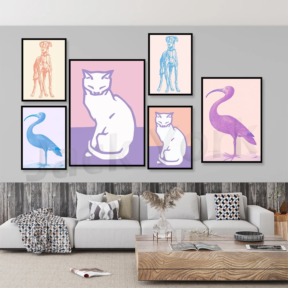 

Sitting Cat, Ibis Wall Art in Pastel Colors, Dog Wall Art in Pastel Colors, Danish Pastel Decor, Pastel Colors Decor,