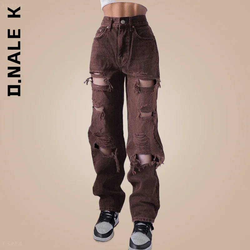 

D.Nale K Hip Hop Brown Ripped Vintage Woman's Distressed Jeans Streetwear HoleHigh Waist Pants Straight Denim Trousers Ladies