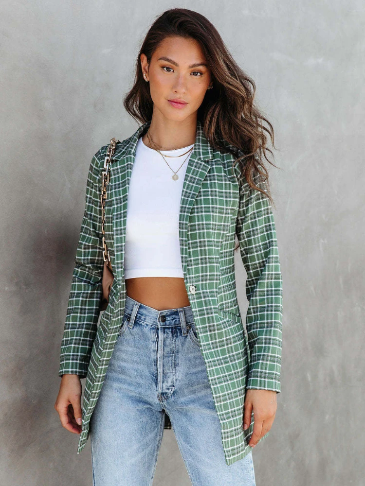 

Spring Autumn Women's Blazers and Jackets Green Office Work Ladies Plaid Blazer Suit Long Sleeve Casual Coat Chaqueta De Mujer