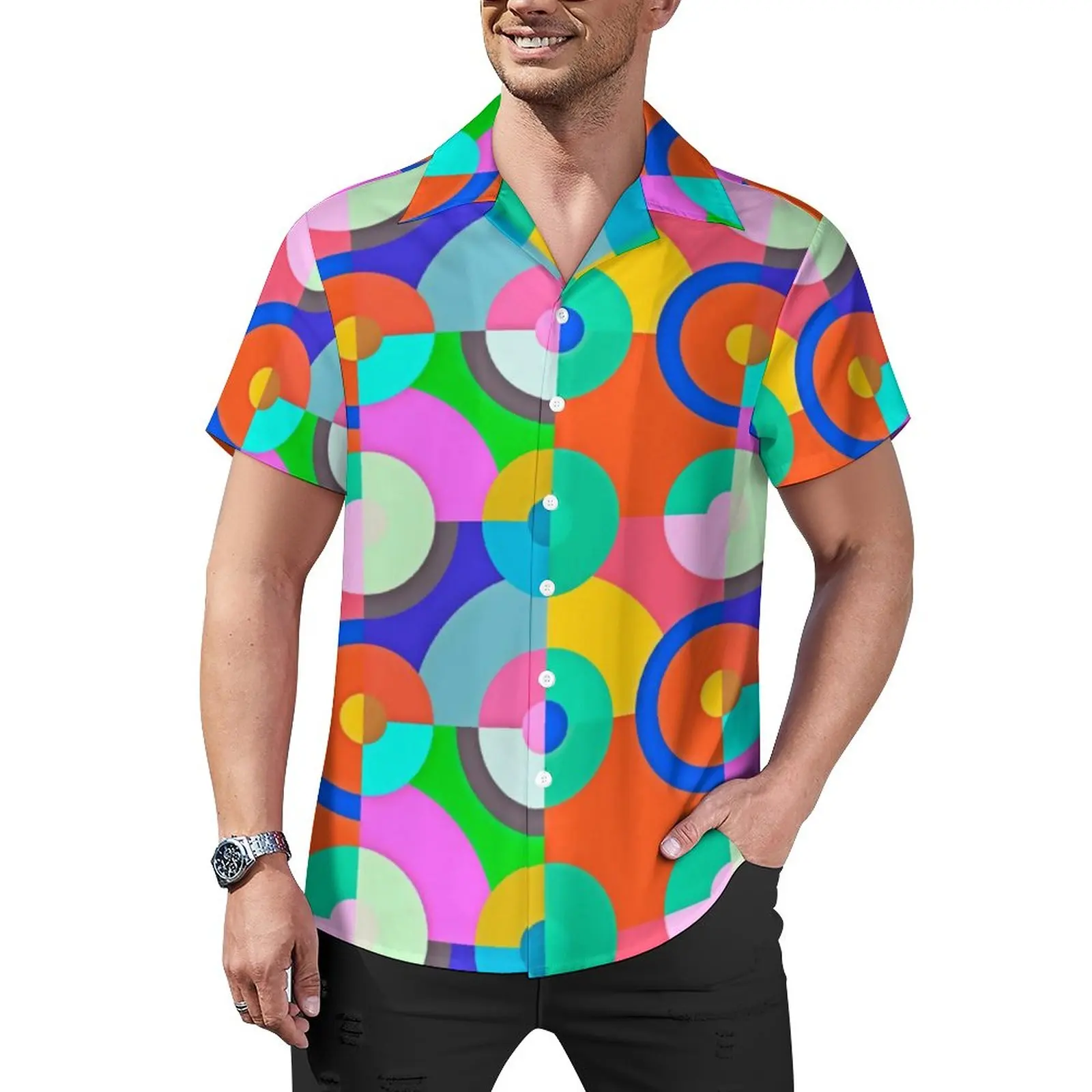 

Colorful Geo Print Loose Shirt Man Beach Multi Circles Casual Shirts Hawaiian Printed Short-Sleeved Novelty Oversized Blouses
