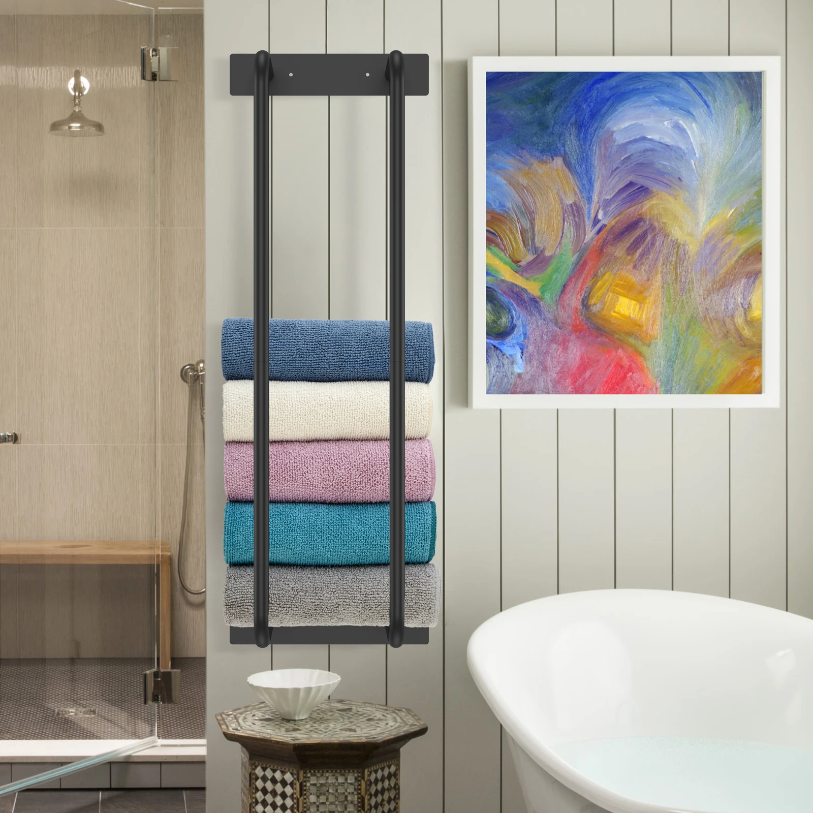 

Towel Rack Sturdy Iron Towel Holder Wall Mounted Towel Shelf for Bathroom Large Capacity Towel Storage Organizer Space Saving