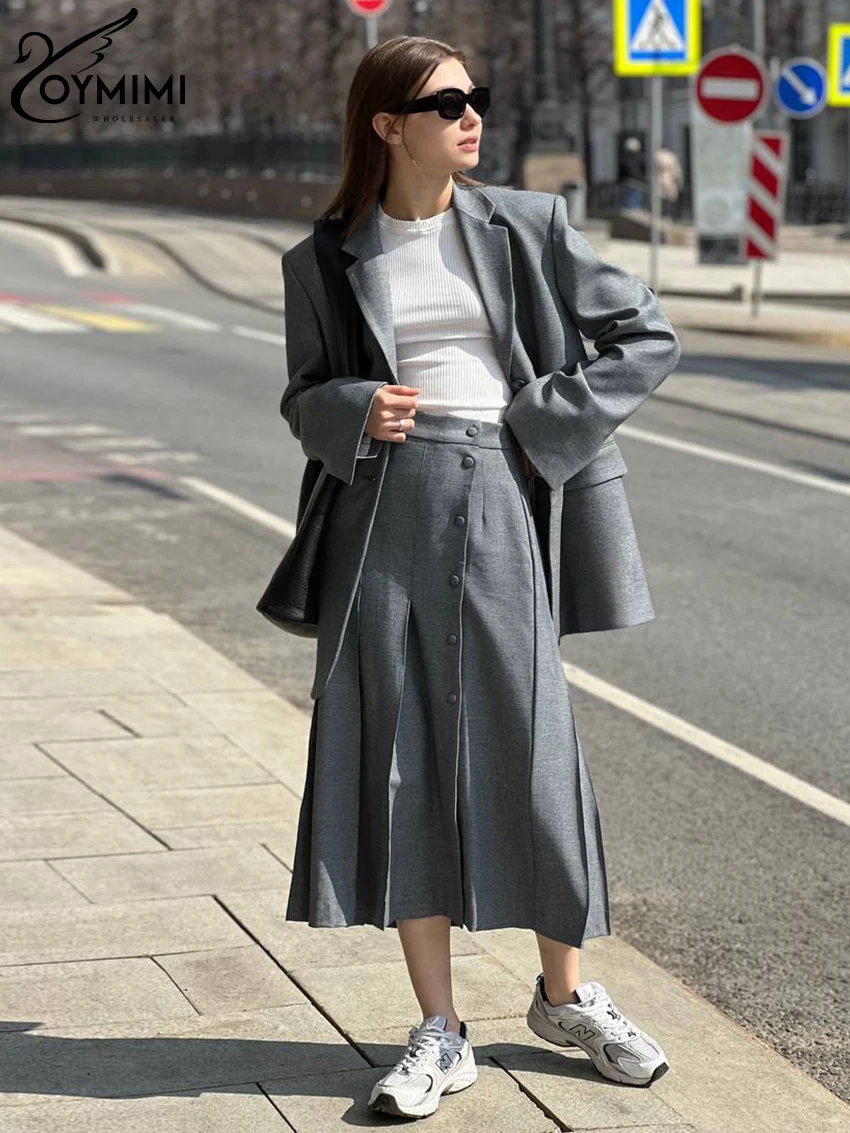 

Oymimi Fashion Loose Gray Office Womens 2 Piece Outfit Set Elegant Long Sleeve Blazer With High Waist Long Skirts Set Female