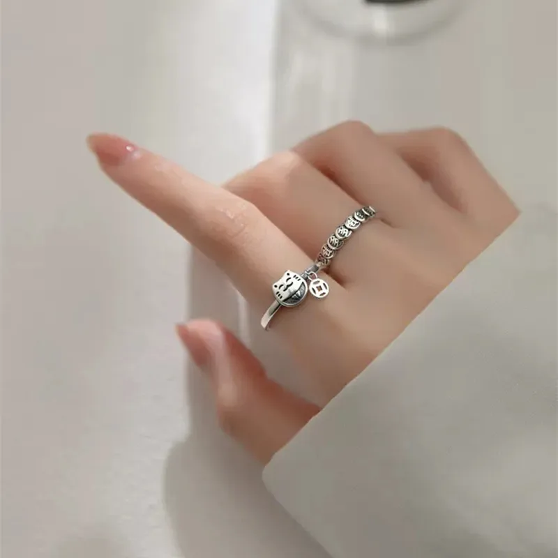 

New S925 Silver Plated Copper Money Cat Ring Female Design Niche Fashion Personality Animal Jewelry Ring