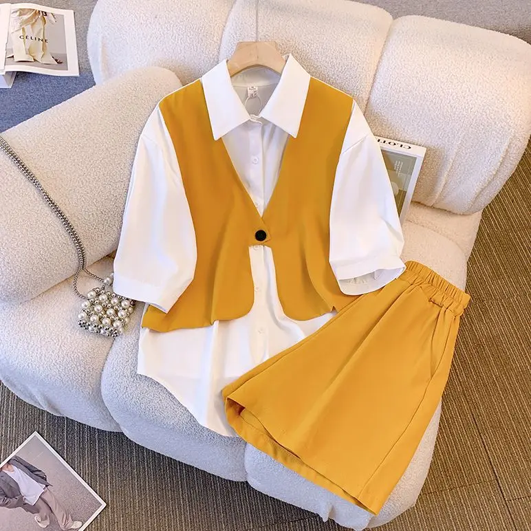 Short Sleeved Patchwork Chiffon Shirt Loose Wide Leg Shorts Two-piece Elegant Women's Shorts Set Summer Casual Outfits