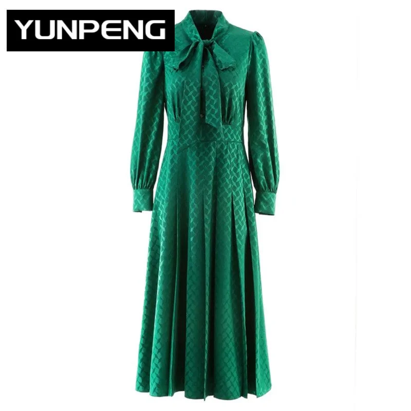 

Женское дизайнерское платье до щиколотки, модельное винтажное платье с длинным рукавом и пуговицами изумрудного цвета, осень 2023