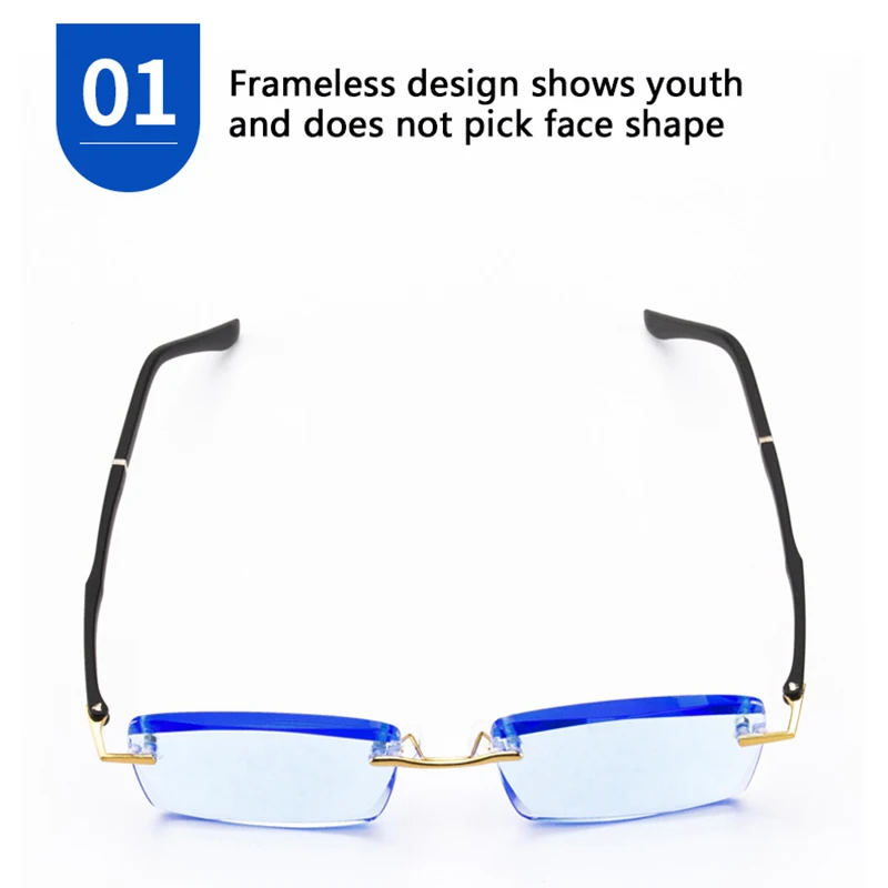 Очки для чтения без оправы мужчин и женщин пресбиопические диоптрии с синими