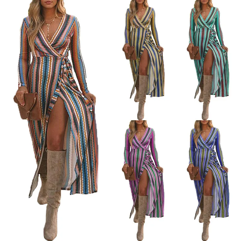 

Stripe Print Split Dress Women 2021 Autumn Long Sleeve Sexy V-neck Lace Up Dresses