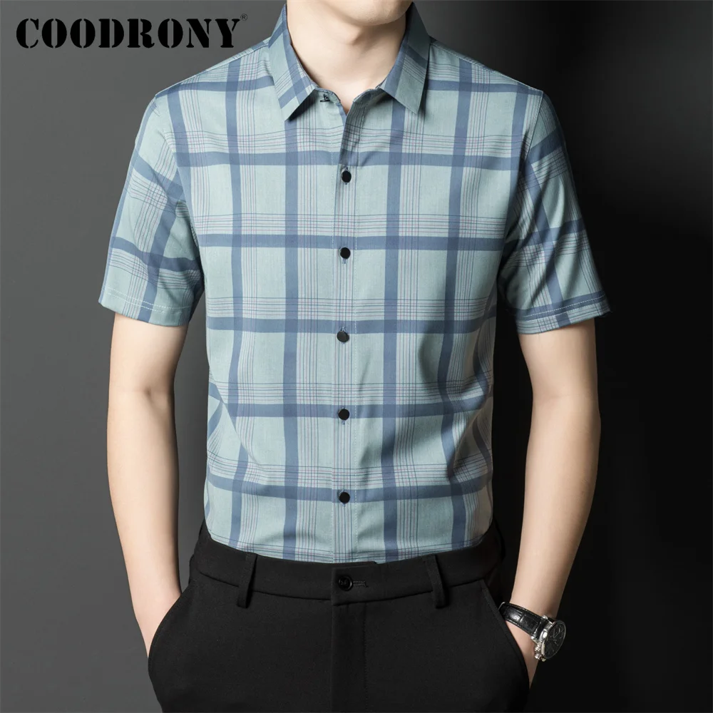 

COODRONY брендовая деловая повседневная мужская приталенная винтажная Рубашка летняя модная новинка Мужская Уличная клетчатая одежда с корот...