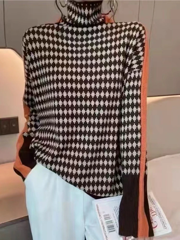 

Женский свитер оверсайз с высоким воротником, модный простой офисный пуловер с винтажным рисунком, Осень-зима 2022