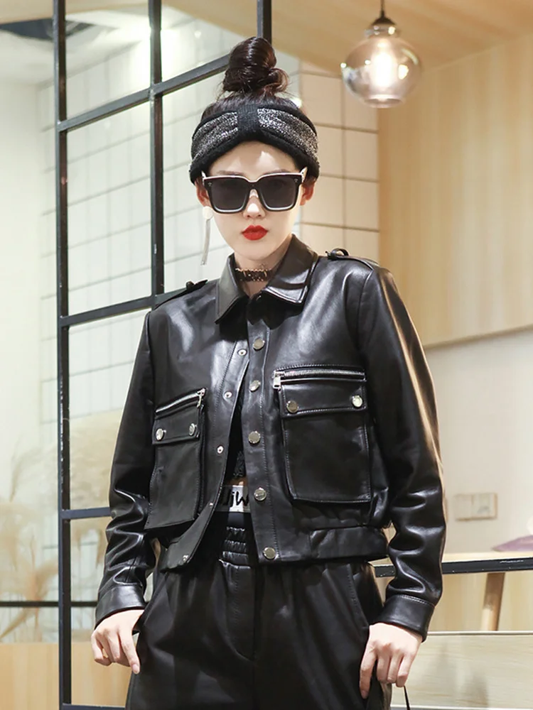 

2023Hot Sale Real Leather Jackets Women Spring Autumn Genuine Sheepskin Leather Coat Female Motorcycle Short Woman Jacket