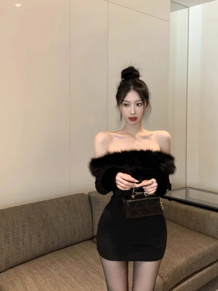 Мини-платья Ezgaga женские с пушистыми вставками воротником-лодочкой и длинным