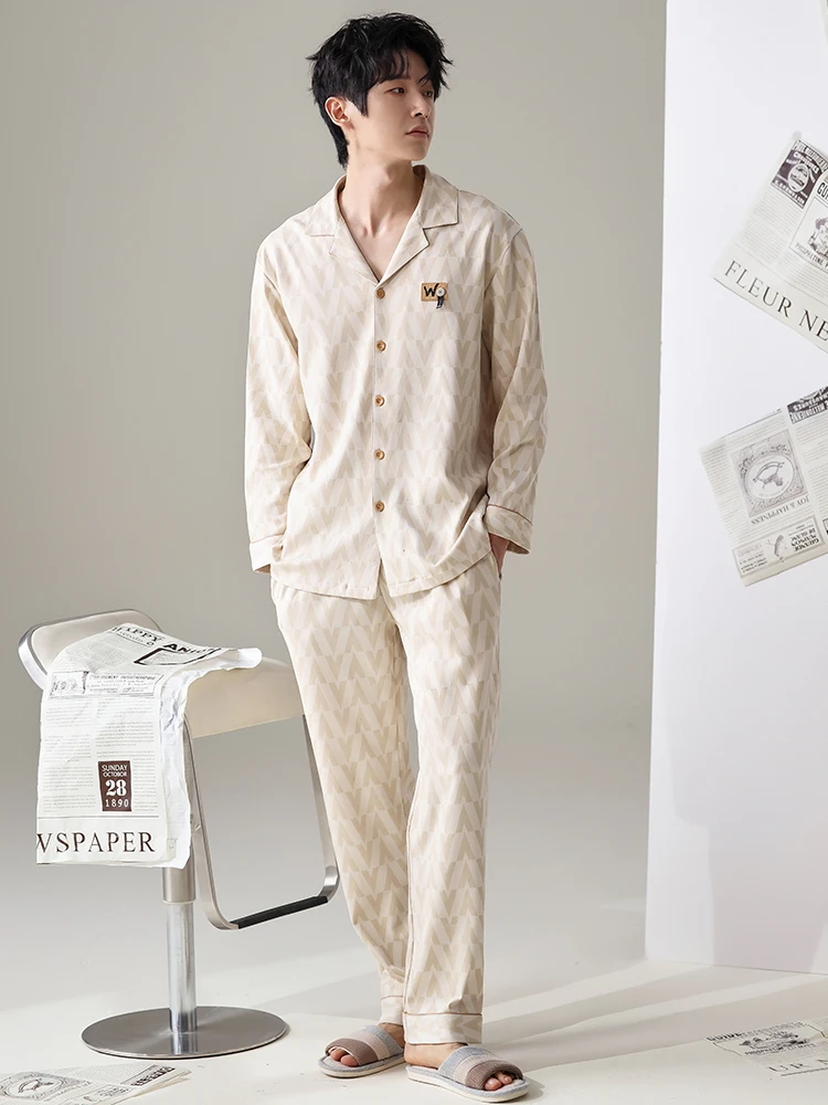 Finteng 2024 Spring and Autumn New Men's Cotton Pajamas Casual Cardigan Long sleeve Set Home Wear Can Be Worn outside