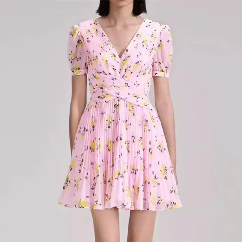 Women Mini Dress Printed Pleated Waist Sweet Robe