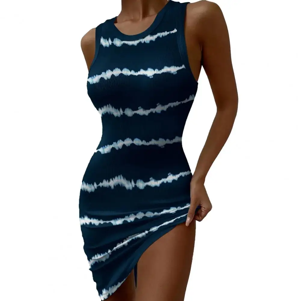 

Club Dress O Neck Pullover High Elasticity Soft Fabric Breathable Bright Color Bodycon Sleeveless Gradient Color Prom Mini Dress