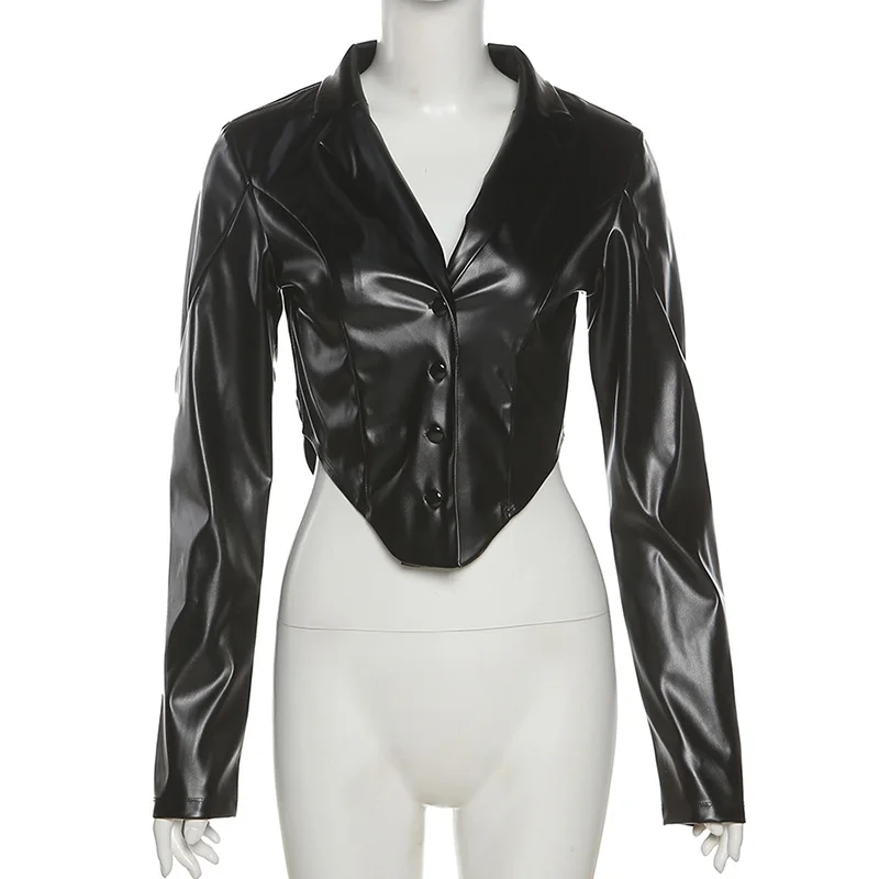 

PU Leather Single-breasted Temperament Short Top 2022 Winter Fashion Trend Women's New Long-sleeved Suit Collar Slim Cardigan