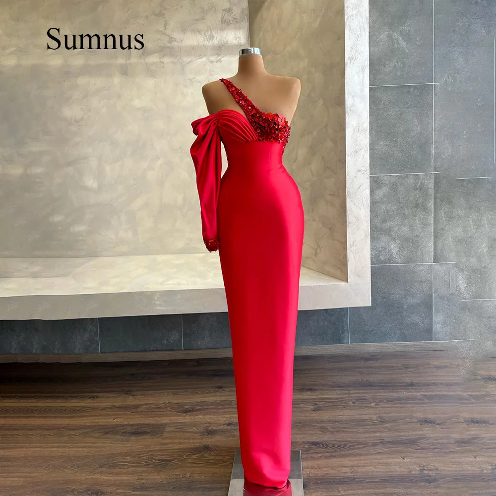 

Sumnus Red One Shoulder Sleeve Mermaid Evening Dresses Sequins Pleats Satin Floor Length Formal Event Gowns Vestido de Fiesta