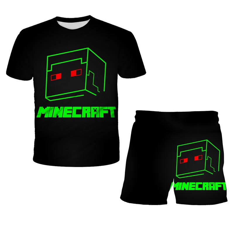 

Новинка, летняя детская одежда для мальчиков Minecrαft, модный костюм с принтом, Детская футболка с мультяшным рисунком + шорты, одежда из двух п...