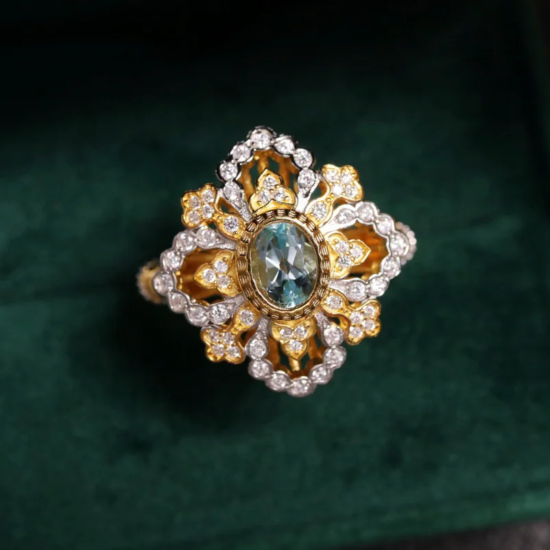 

18K Gold Over Solid 925 Silver Natural Topaz Vivid Flower Paved Filigree Floral Ring C11B2S26303