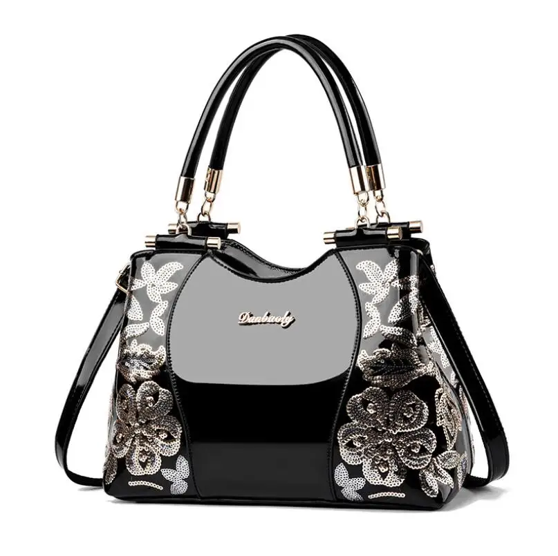 

European American Bright Leather Lady Bag Fashion Double-sided Embroidery Female Bag High Capacity Handbag Tote Messenger Bag