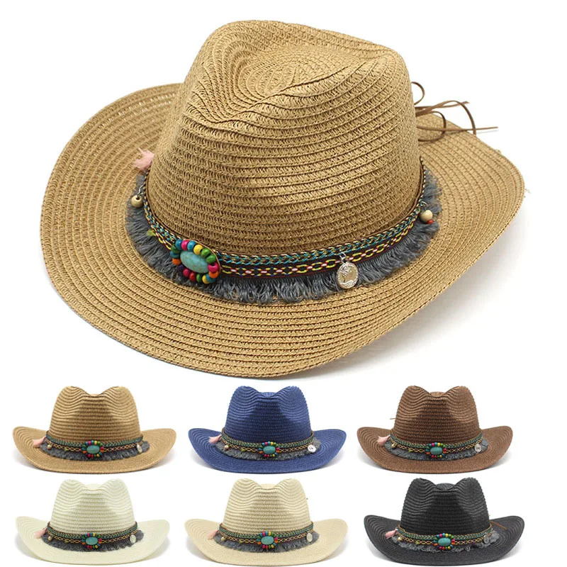 Women's Hats Panama Western Cowboy Straw Hat Fashion Summer Beach Hat Retro Men's Hats Windproof Straw Hat Ethnic Wind Straw Hat