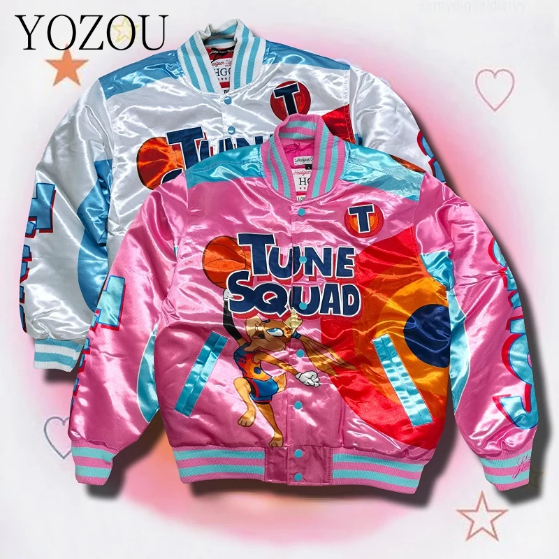 

[YOZOU] Winter High Quality Embroidered Pink Satin Padding Oversize Baseball Bomber Jacket Women Unisex Parka Quilted Coat Kpop