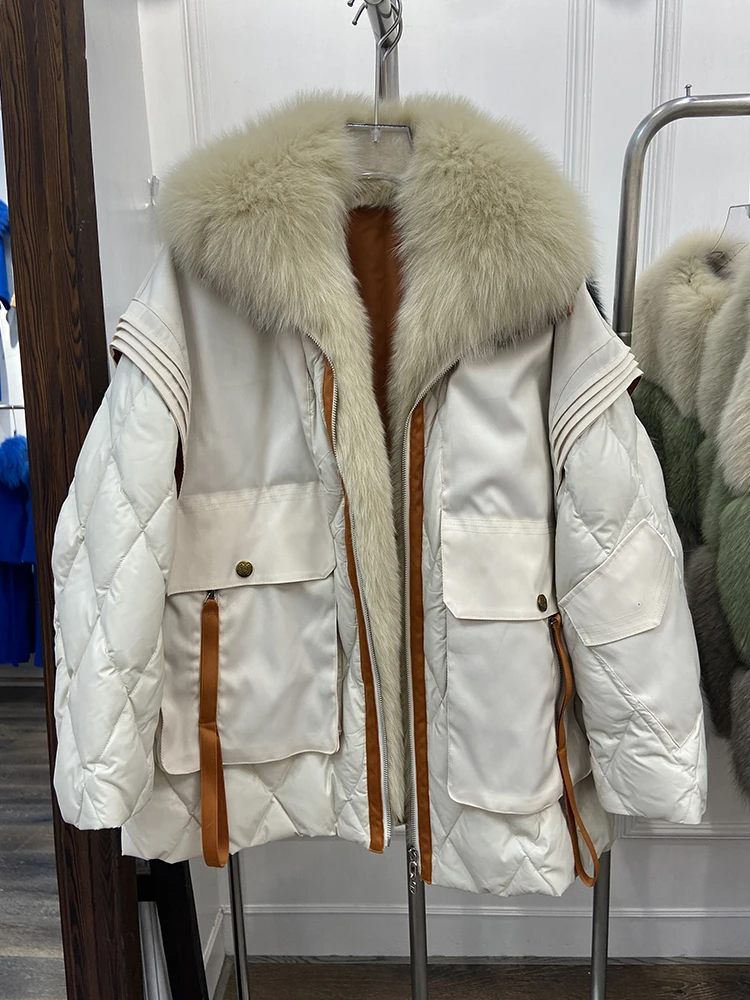 Women Winter Thick Real Fox Fur Collar Goose Down Parka Jacket Oversize Winter Parka Jacket