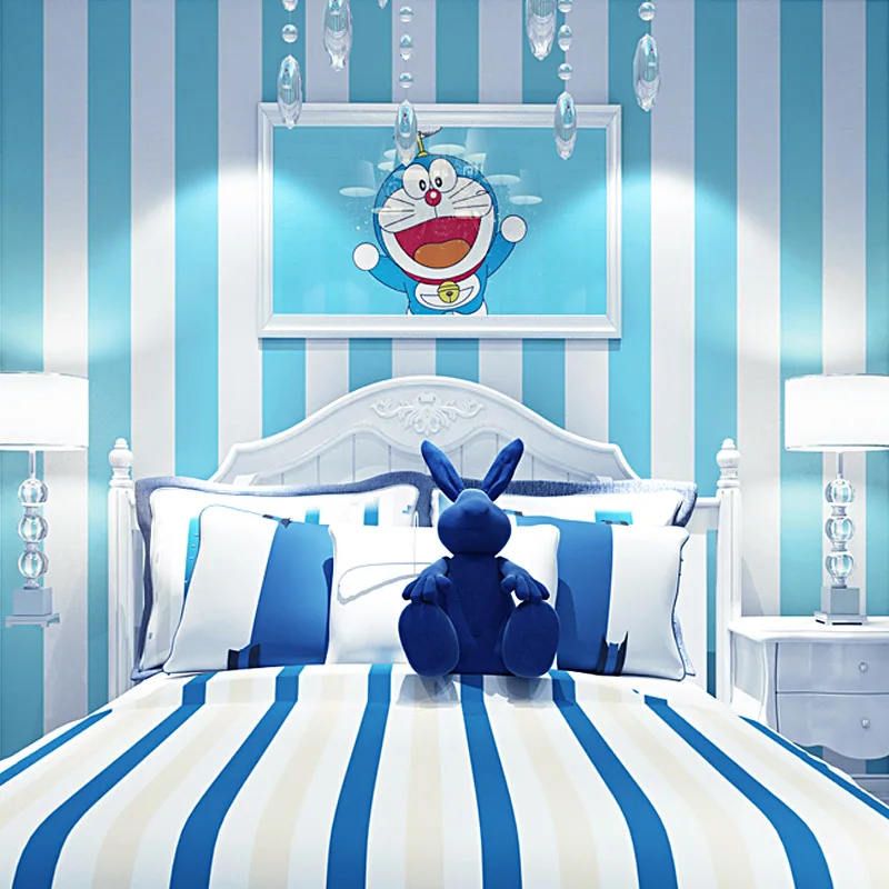 

Mediterranean Blue Wallpaper Non-Woven Bedroom Children's Room Doraemon Dingdang Cat Theme Blue Vertical Stripes Wallpaper