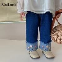rinilucia 2022 autumn new jeans baby girl clothes baby girl clothes mid waist floral embroidery warm jeans childrens clothing