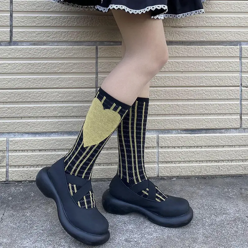 

Женские высокие носки-трубки, теплые хлопковые японские милые чулки JK Lolita до колена, чулки в клетку с надписью Love, носки до середины икры, выс...