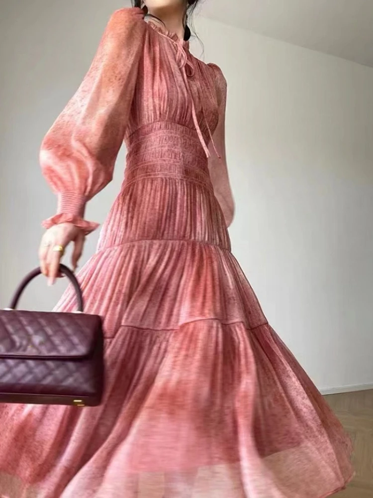 

Женское винтажное платье с цветочным принтом, шифоновое платье с рукавами-фонариками и высокой талией, корейская мода, уличная одежда, Нови...