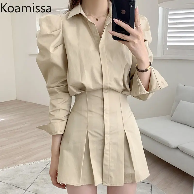 Koamissa Elegant Women Mini Short Shirt Dress Long Sleeves Turn Down Collar Fashion Lady Basic Bodycon Dresses 2022 Vestidos New
