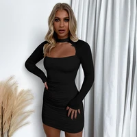2022 new spring women solid color high neck long sleeve mini hip skirt hollow out sexy club party elegant a line dress robes