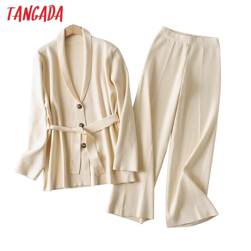 

Tangada 2021 Autumn Winter Women thick soft knit cardigan suit 2 pieces sets solid cardigan and long knitted pants suits AI14
