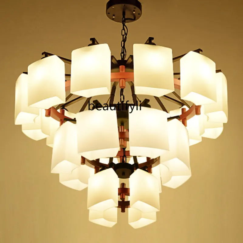 

yj New Chinese-Style Chandelier Living Room Hall Antique High-End Solid Wood Villa Duplex Building Chandelier