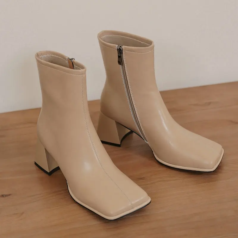 

Women Ankle Boots High Quality Genuine Leather Mature Concise Office Ladies Casual Autumn Winter High Heels Shoes Woman