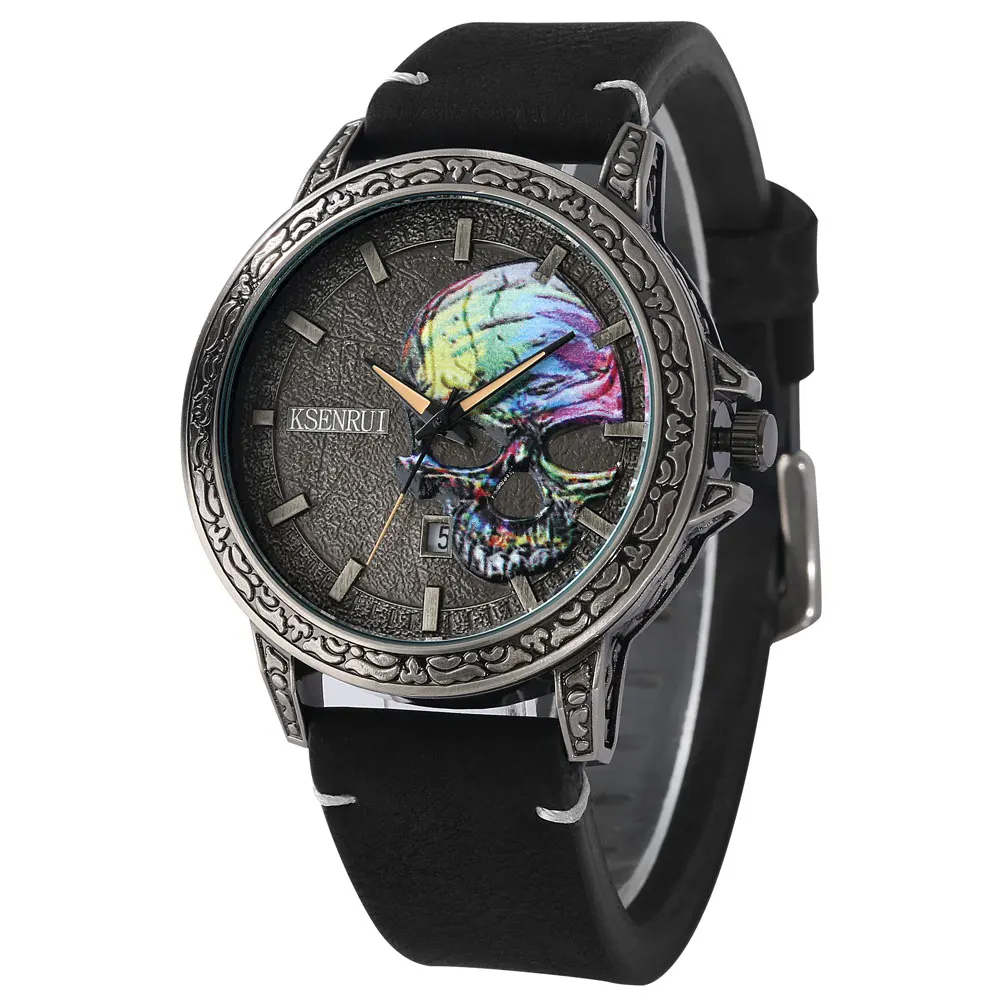 

Punk Fashion Skull Dial Quartz Leather Men Watches Streetwear Fashion Male Wristwatches Auto-date Display Man Clock