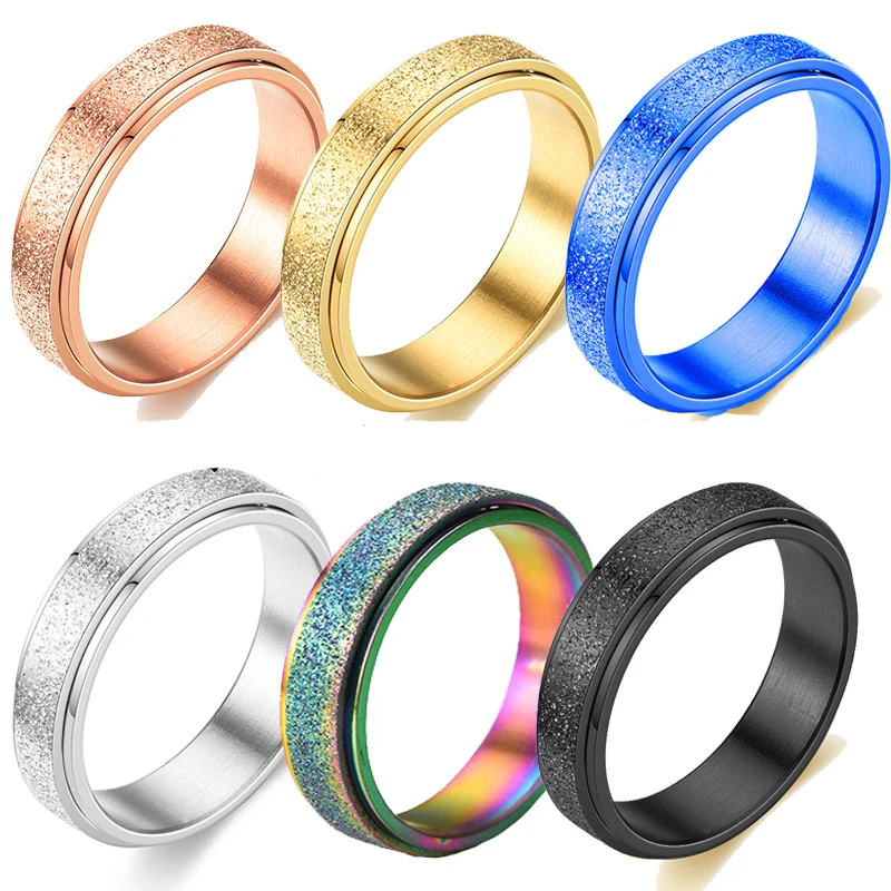 

Spinner Ring for Women Anxiety Relief 6MM Stainless Steel Sand Blast Glitter Rose Gold Silver Rainbow Fidget Ring Band