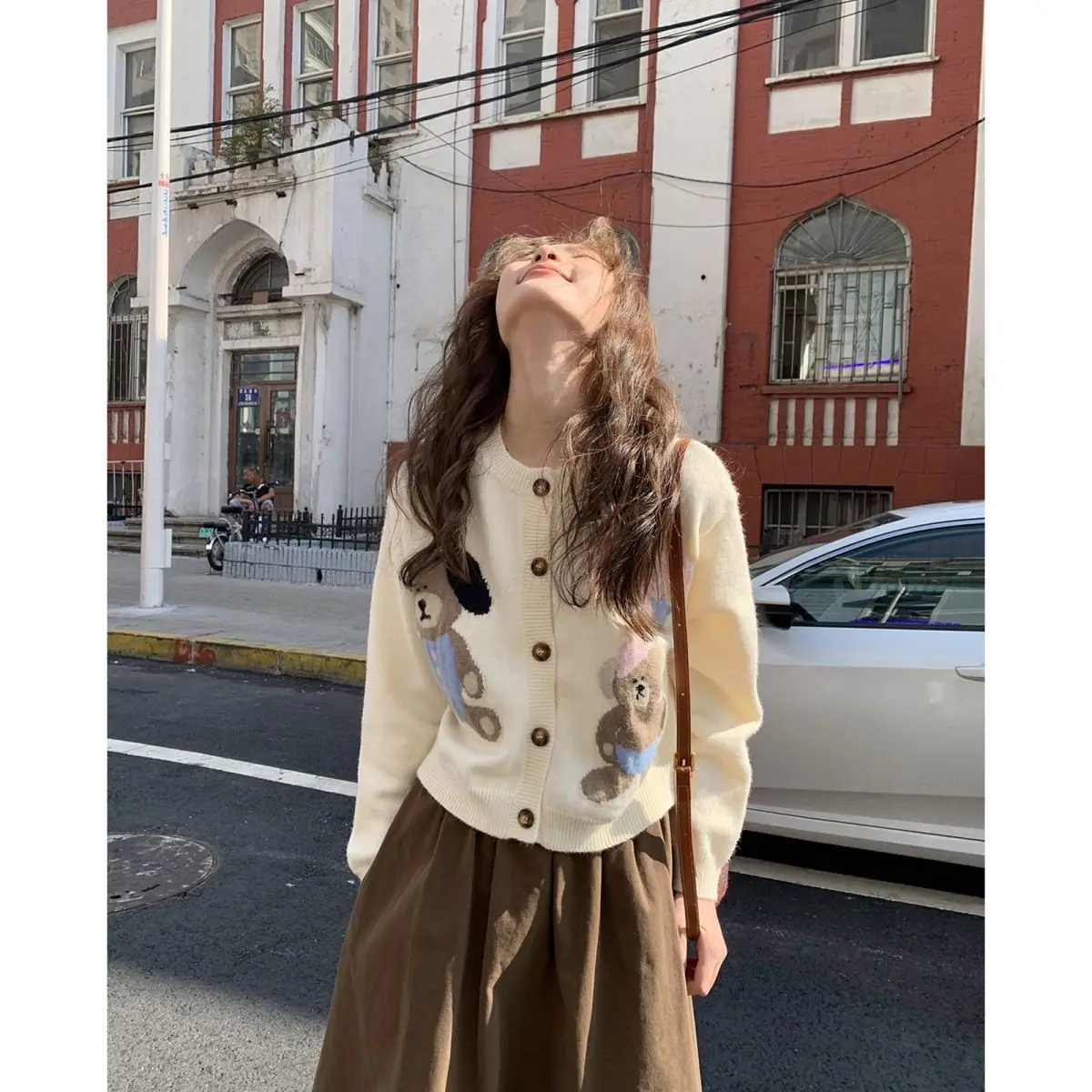 Gaganight женский жаккардовый свитер с милым медвежонком и круглым вырезом вязаный