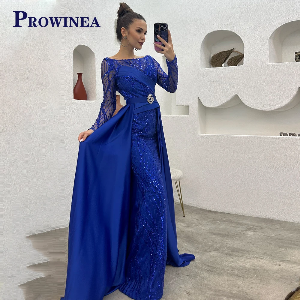 

Prowinea Belt Scoop Sparkly Full Sleeve Exquisite Evening Gowns For Women Side Slit Pleat Sequin Personalised Vestido De Fiesta