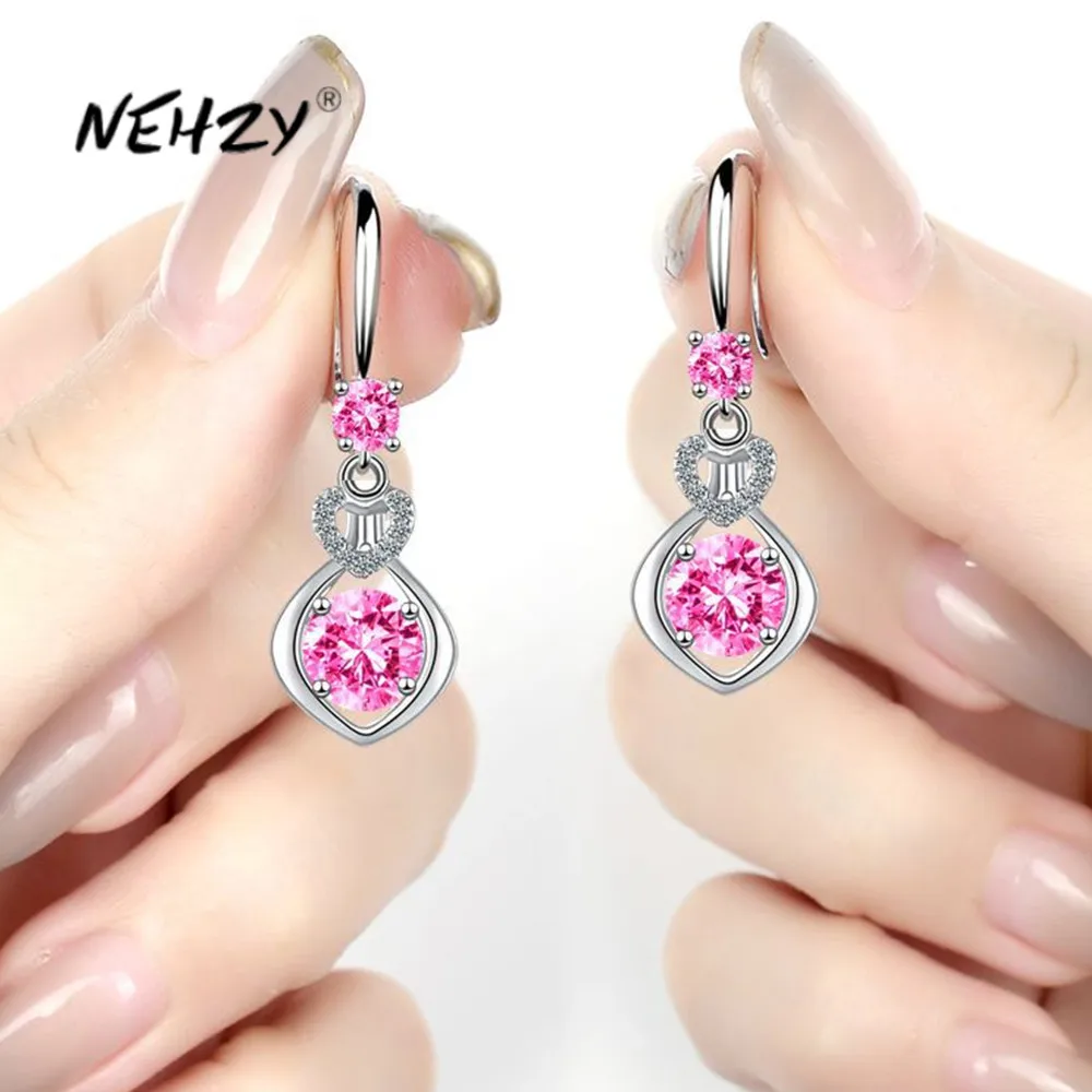 

NEHZY, новые женские модные ювелирные украшения с серебряным покрытием, высококачественные длинные серьги-кисточки с крючком в форме сердца с синим и розовым кубическим цирконием