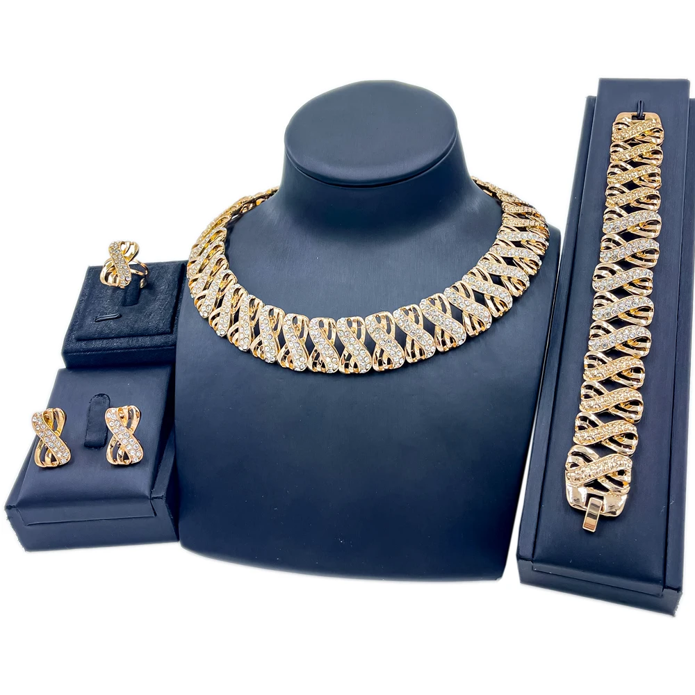 

Dubai Classic Crystal Necklace Bracelet Hollow Out Bracelet Stud Earrings for Women Wedding Gift Ring Fashion Jewelry Sets