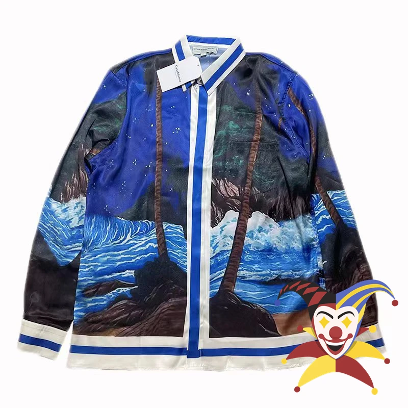 

Blue Long Sleeves CASABLANCA Silk SHIRT Men Women 1:1 High Quality HAWAIIAN T-Shirt Shirts Tees Summer Style