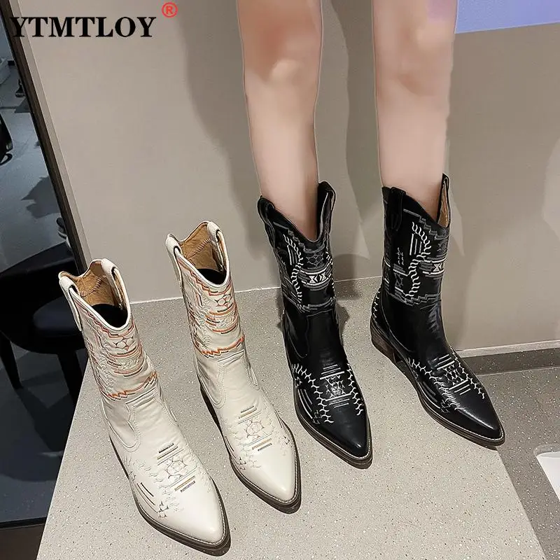 Новые брендовые ковбойские сапоги с вышивкой в западном стиле для женщин высокие
