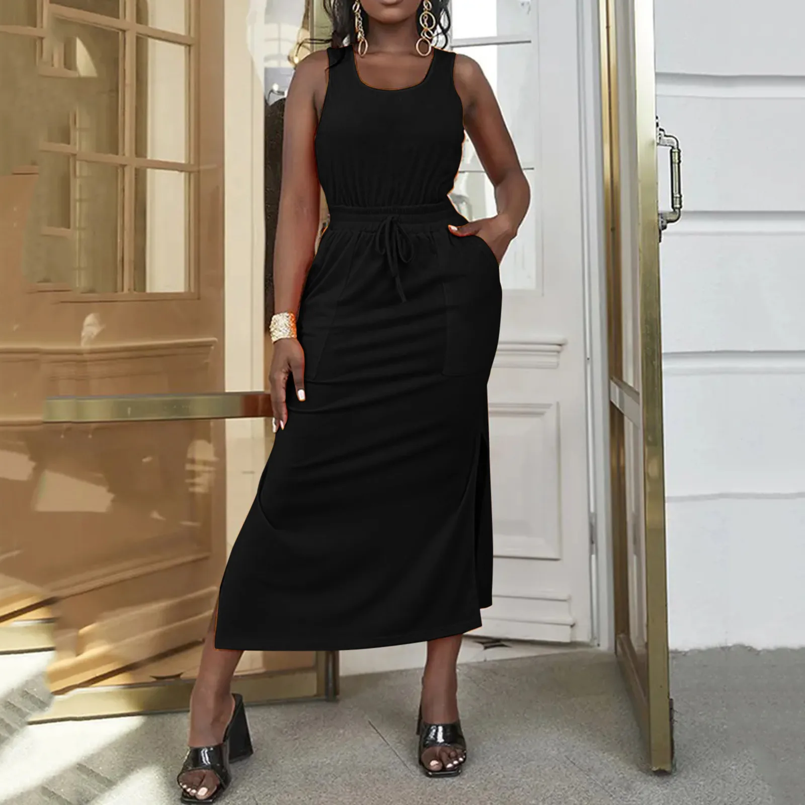 

Женское повседневное облегающее платье-футляр, женское однотонное платье без рукавов с разрезом на подоле, повседневное женское платье для...