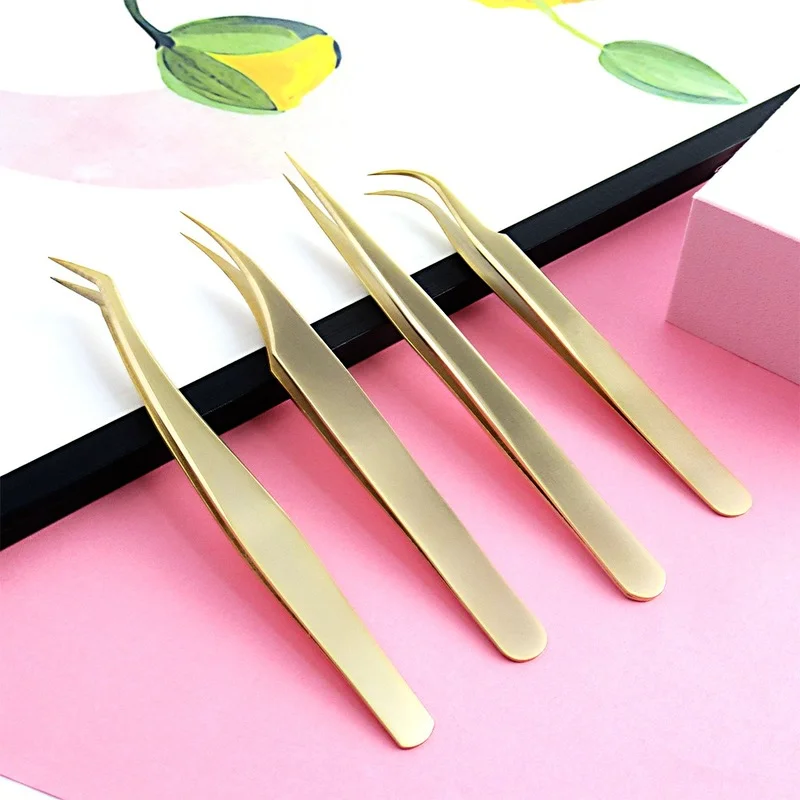 

4PCS Gold Plated Eyelashes Tweezers Kit Curved and Straight Pointed Tip Makeup Tweezers